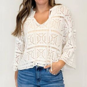 Gilli Square Crochet Cropped White Summer Sweater Size Large NWT
